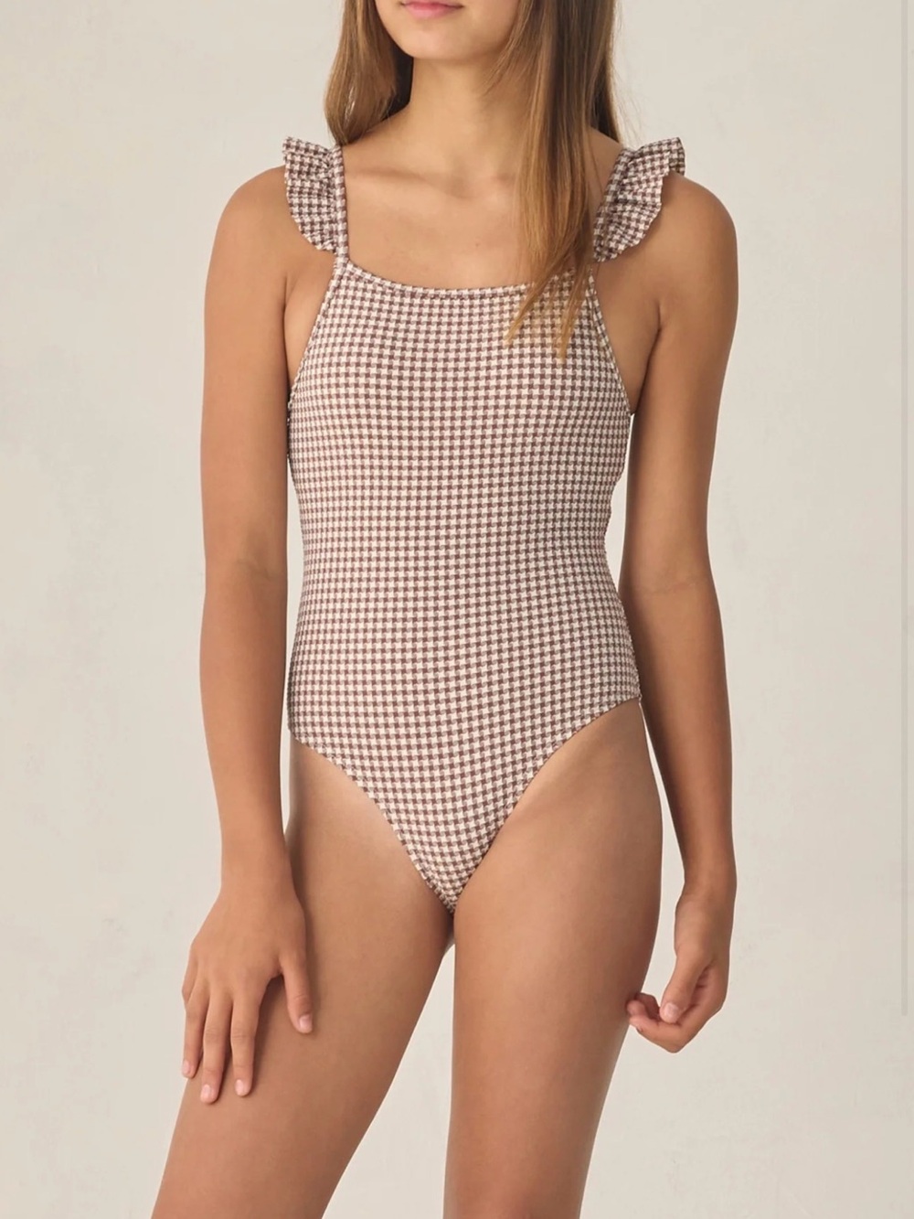Rylee + Cru Brown Houndstooth Ruffle Strap One-Piece Swimsuit